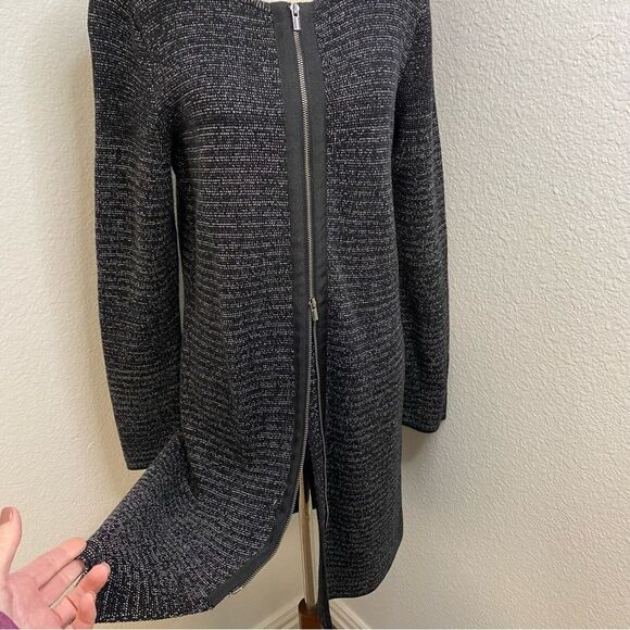 NWOT Talbots Black White Double Front Zip Front Long Jacket Dress Sweater SZ M - Picture 2 of 9